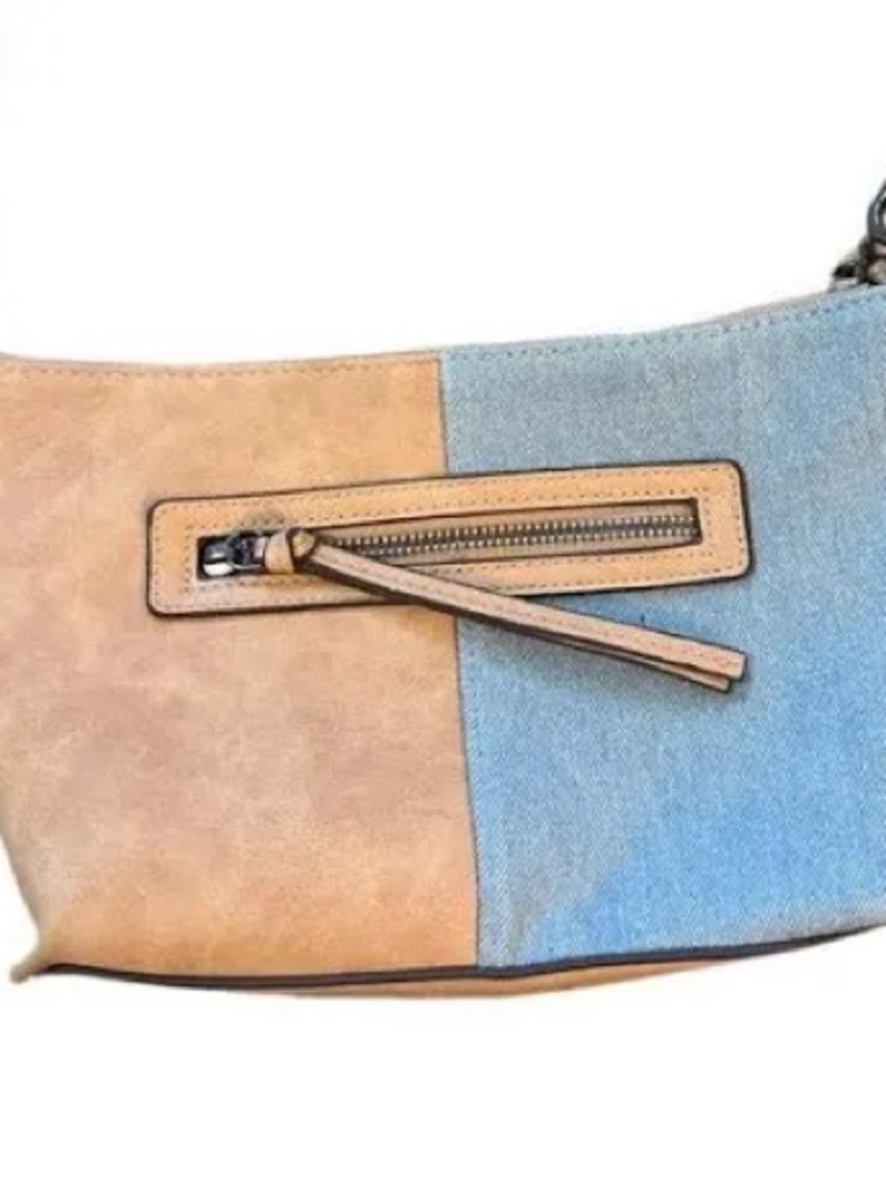 Two-Tone Tan and Light Blue Shoulder Bag with Front Zip